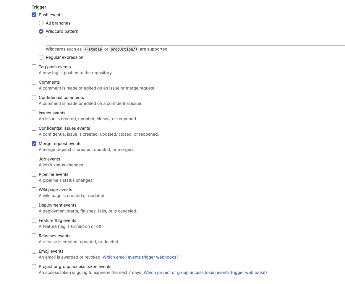 Example of the Push events option enabled in the GitLab settings